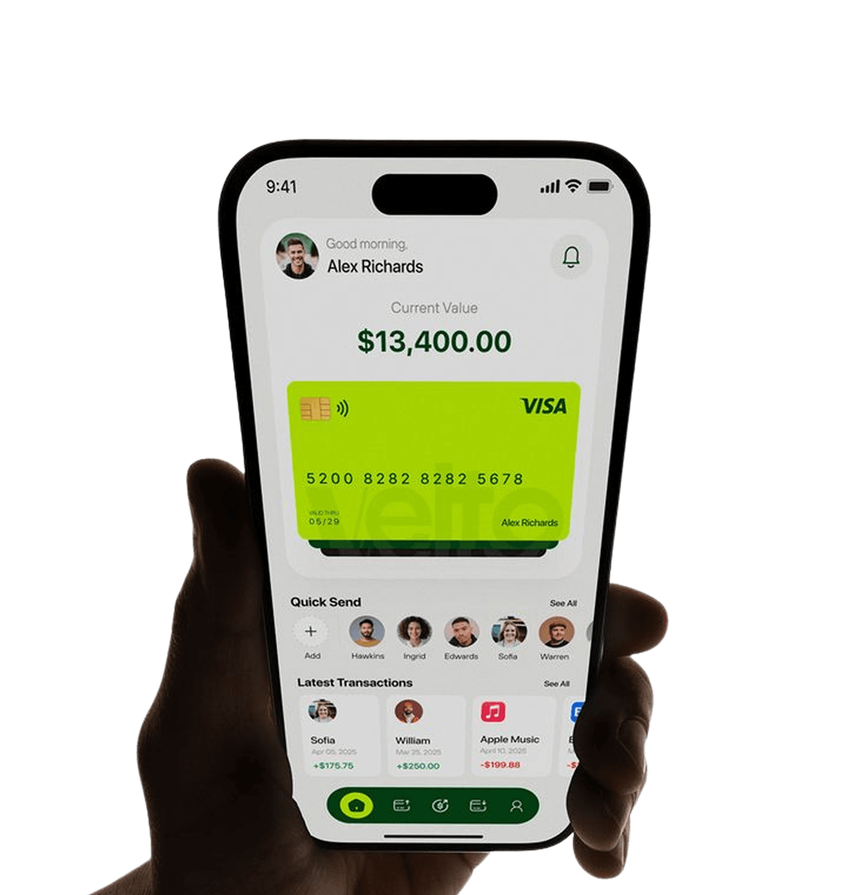 A hand holding a phone showing the Trust Man wallet balance and transactions